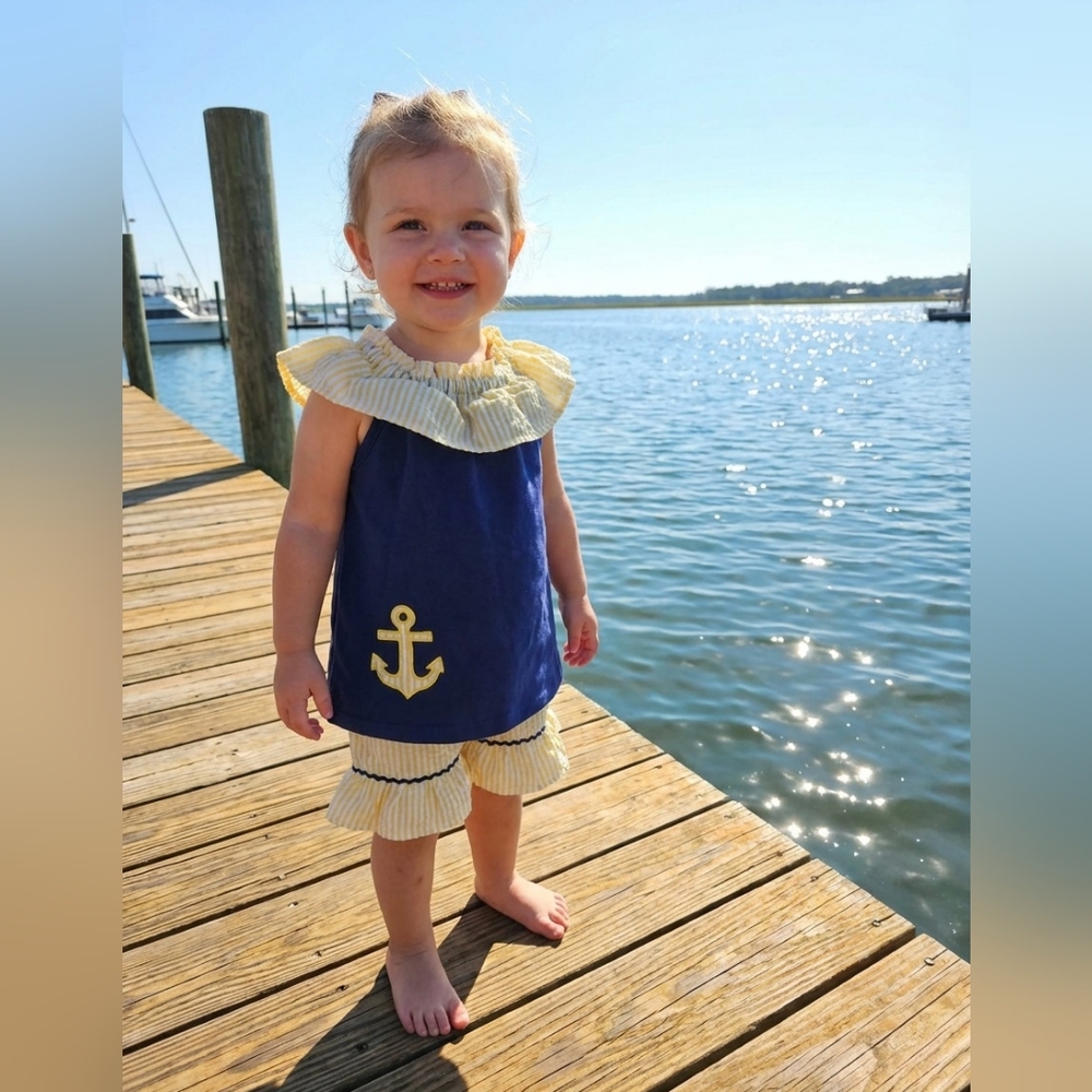 Smock Monkey Blue & Yellow Nautical 2pc Outfit Sz 24M